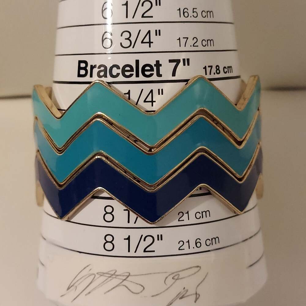 3 Bangle Gold Tone with Teal Blue Navy Enamel 8 1/4" Stackable Set of Bracelets